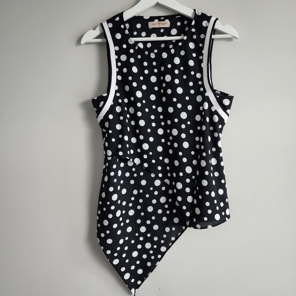 SOLE MIO Polkadot Asymmetrical Blouse Womens Small Tank Tunic Top Layered Black